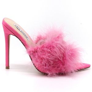 BARBIE PINK FEATHER FAUX SUEDE MULES